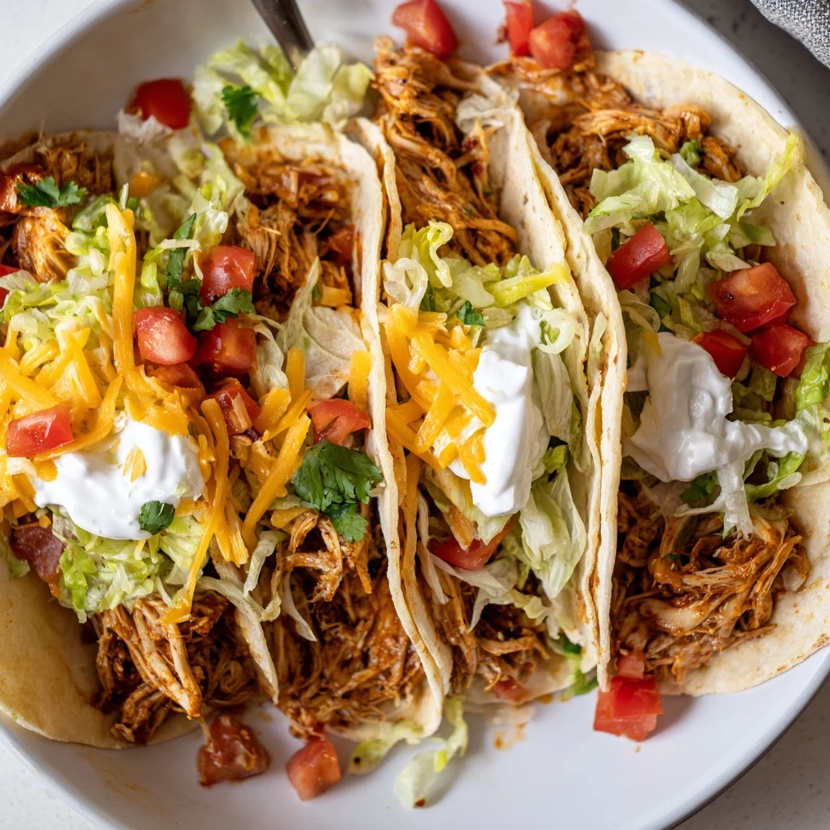 Juicy slow cooker ranch chicken tacos topped with melted cheese and fresh cilantro