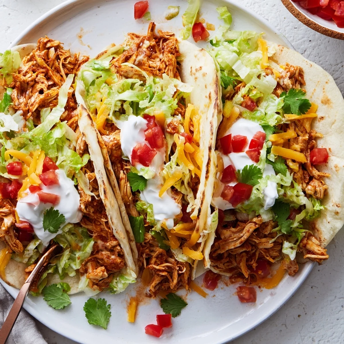 Tender slow cooker ranch chicken tacos loaded with crisp lettuce and cheddar cheese