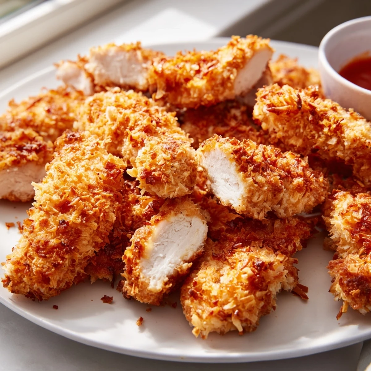 Crispy Crunchy Coconut Chicken fresh from the skillet showcasing a toasted coconut breading