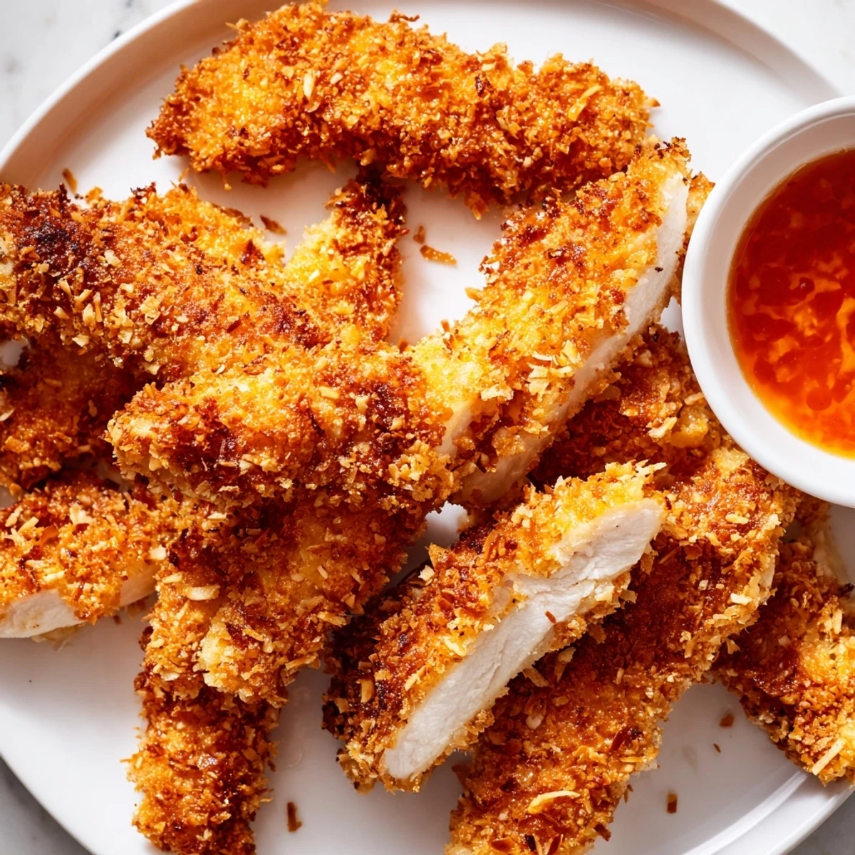 Crunchy Coconut Chicken tenders served hot alongside a vibrant mango chutney dipping sauce