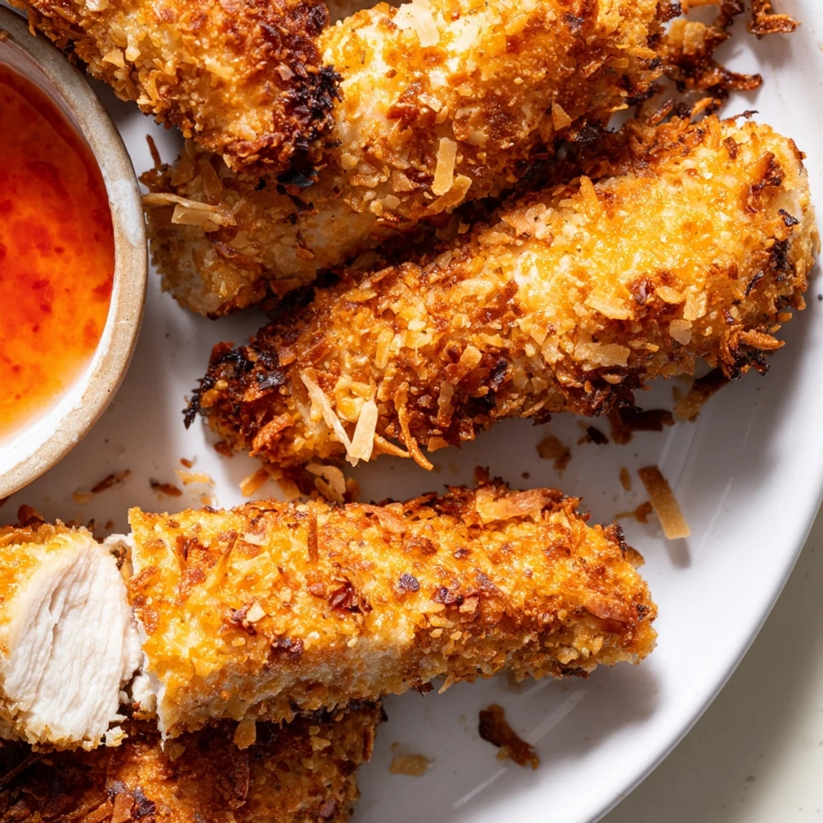 Golden Crunchy Coconut Chicken strips arranged on a plate with sweet chili dipping sauce