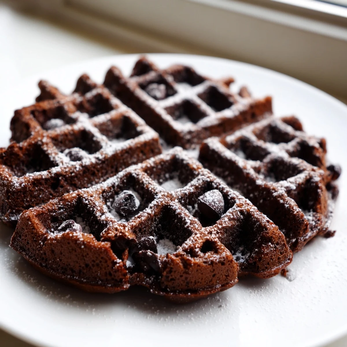 Crisp-edged fudgy brownie waffles stacked on a plate with melted chocolate drizzling down each golden square