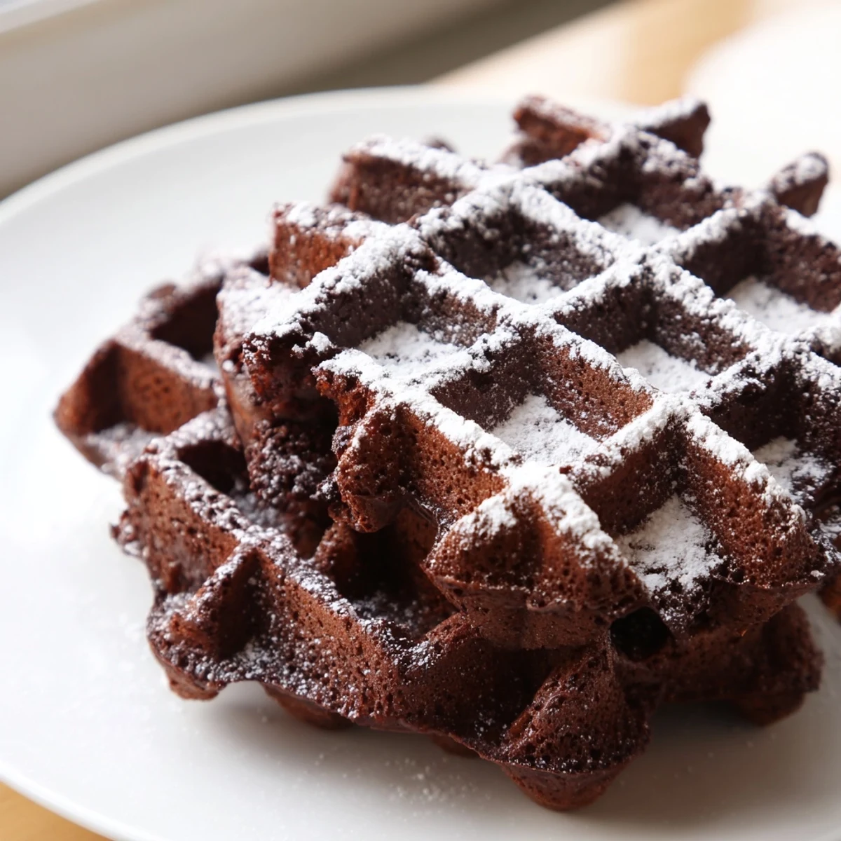 Warm fudgy brownie waffles topped with a scoop of vanilla ice cream and fresh berries