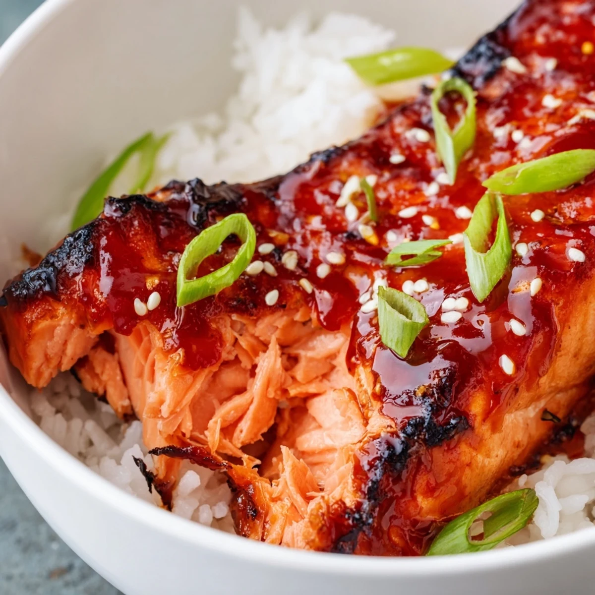 Golden caramelized sriracha honey glazed salmon bowls drizzled with sticky sauce fresh lime and herbs