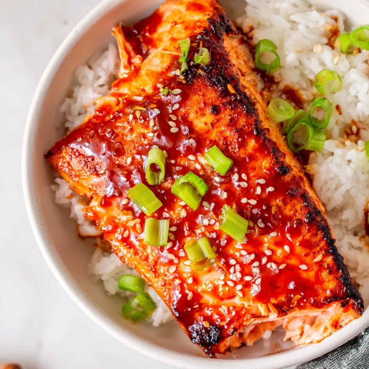 Glistening sriracha honey glazed salmon fillets over fluffy rice with crisp vegetables and sesame seeds