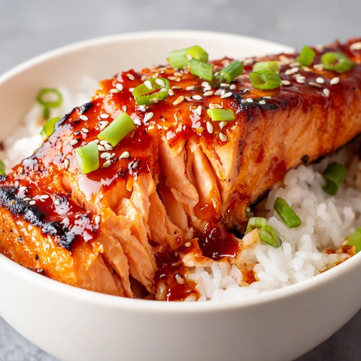 Spicy sweet sriracha honey glazed salmon perched atop steamed rice alongside shredded carrots and cool cucumber