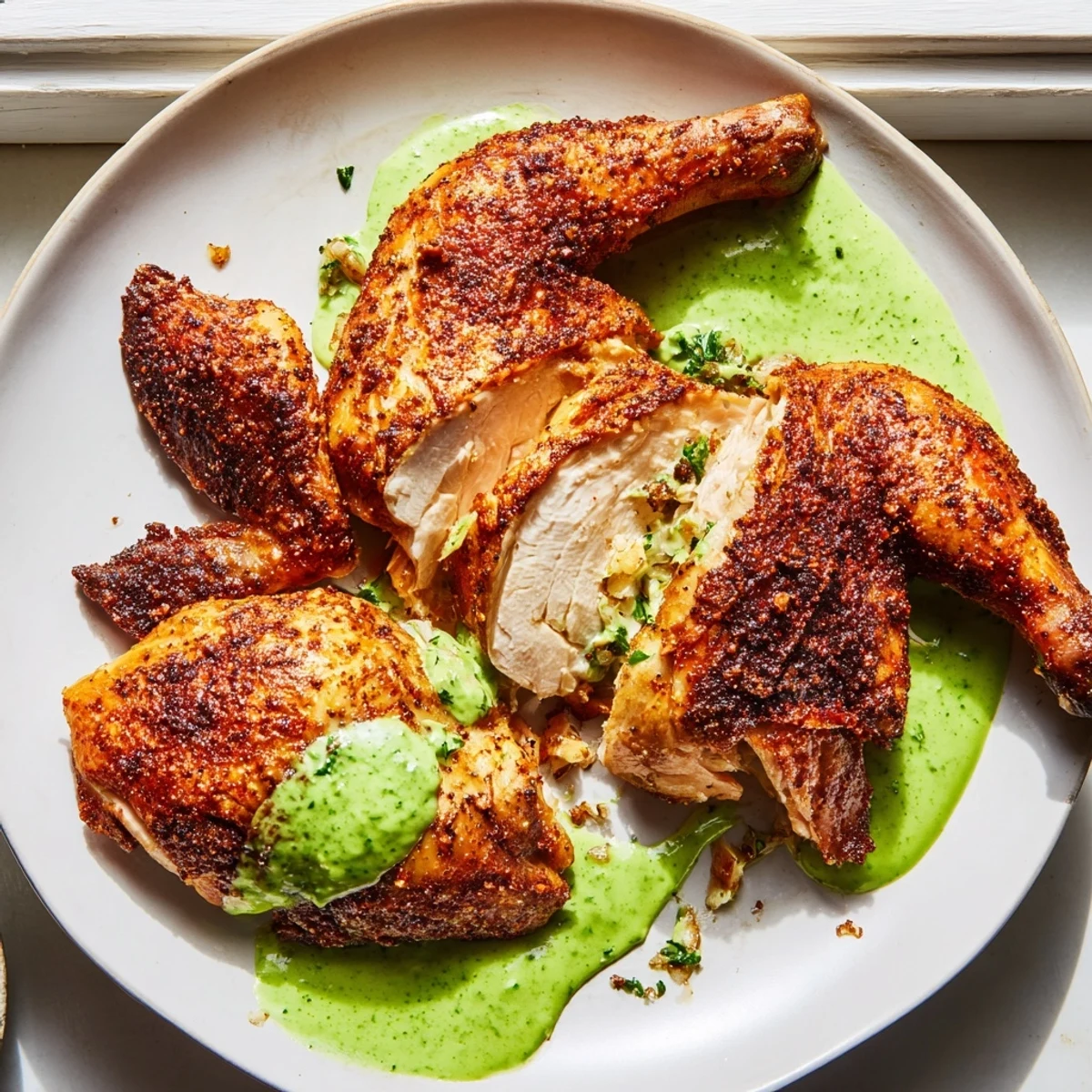 Golden roasted Peruvian Chicken Delight with crispy skin and vibrant green sauce drizzled on top