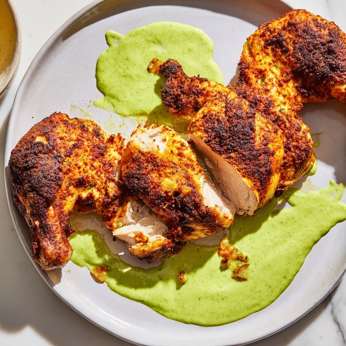 Succulent Peruvian Chicken Delight carved and plated beside a bowl of creamy cilantro sauce