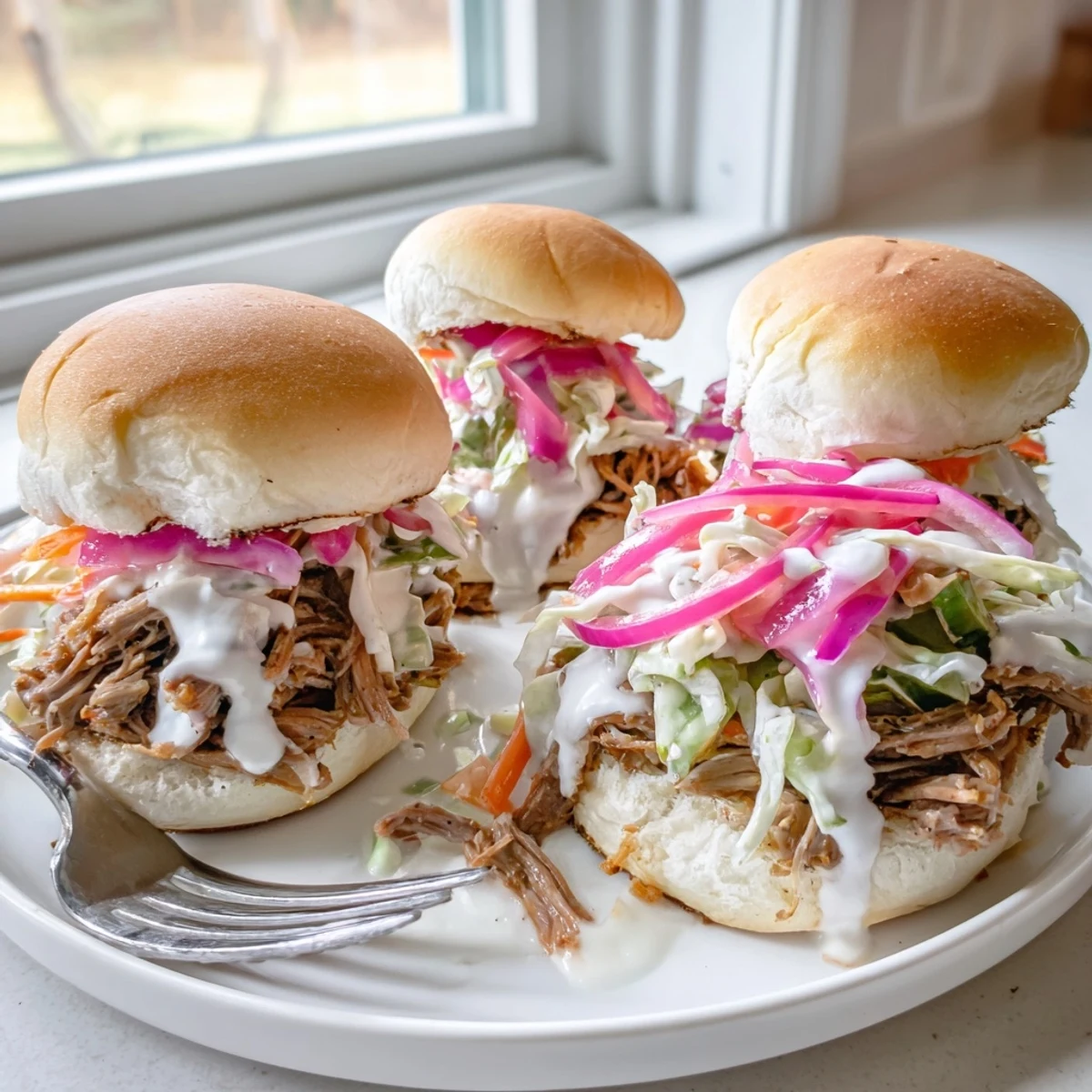 Juicy Alabama white sauce pulled lamb sliders piled on soft buns with crunchy slaw
