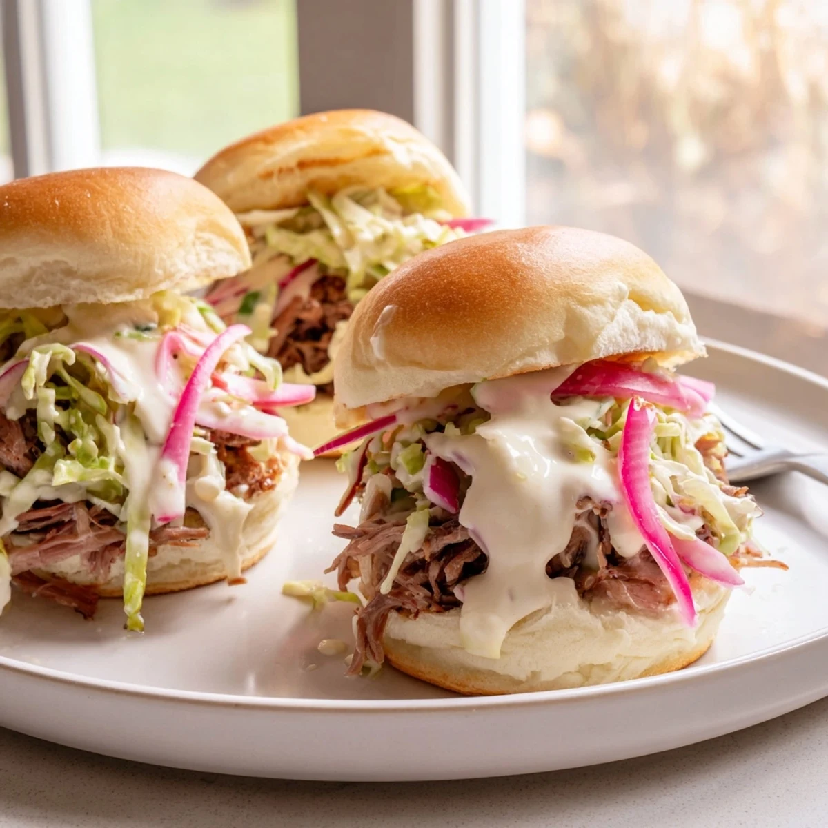 Tender shredded lamb dripping with Alabama white sauce served on toasted slider buns