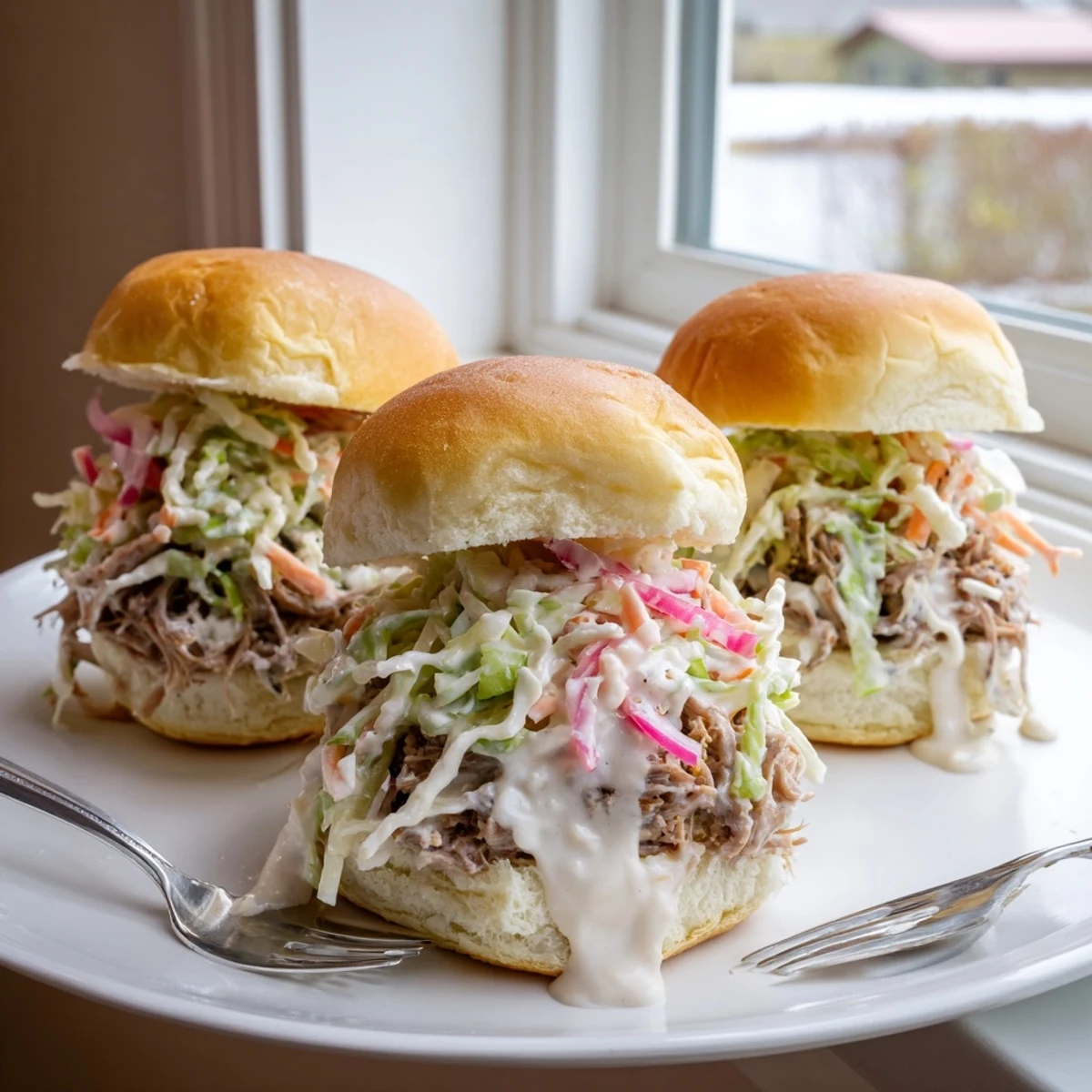 Tangy creamy Alabama white sauce pulled lamb sliders garnished with crisp cabbage and pickled onions
