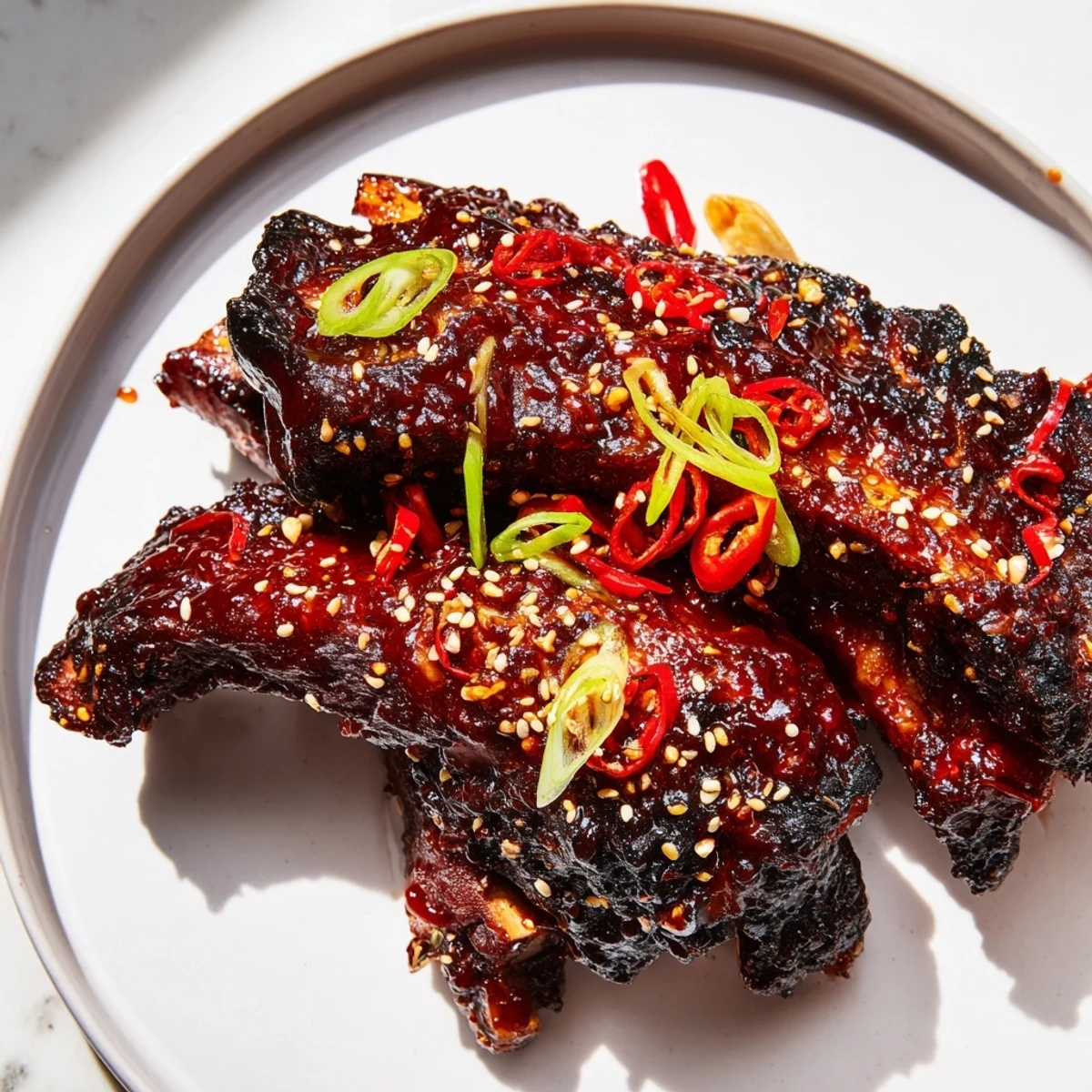 Glazed Korean BBQ lamb ribs glistening on a rustic wooden serving board with yuzu wedges
