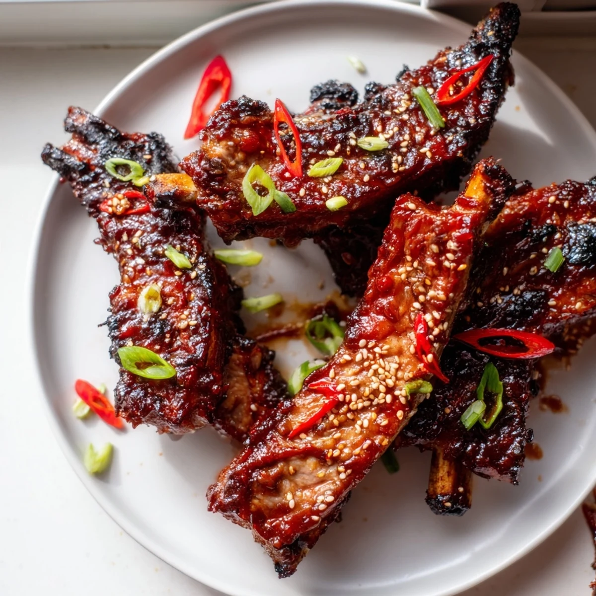 Caramelized Korean BBQ lamb ribs topped with sesame seeds and sliced spring onions