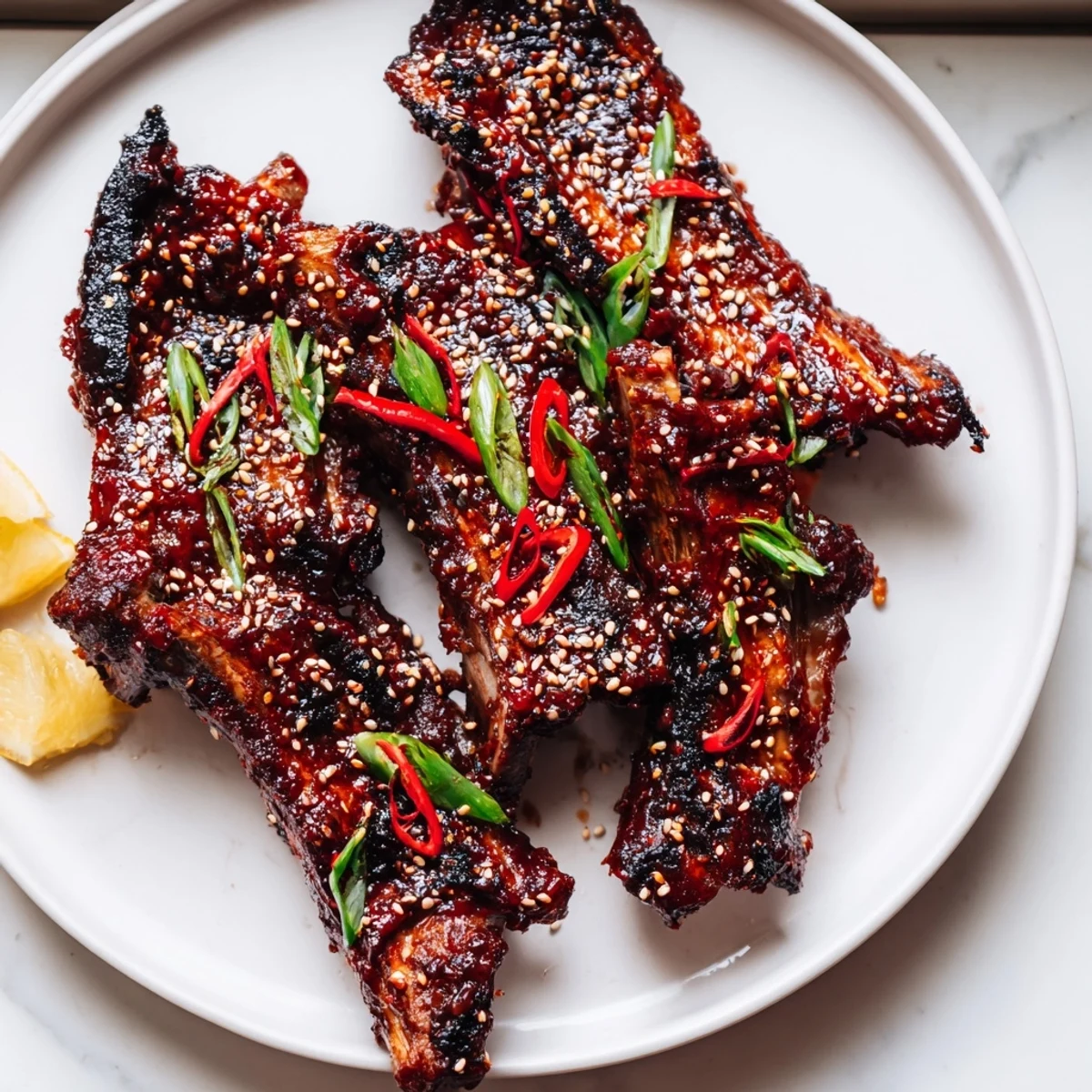 Charred sticky Korean BBQ lamb ribs drizzled with bright yuzu citrus on a platter