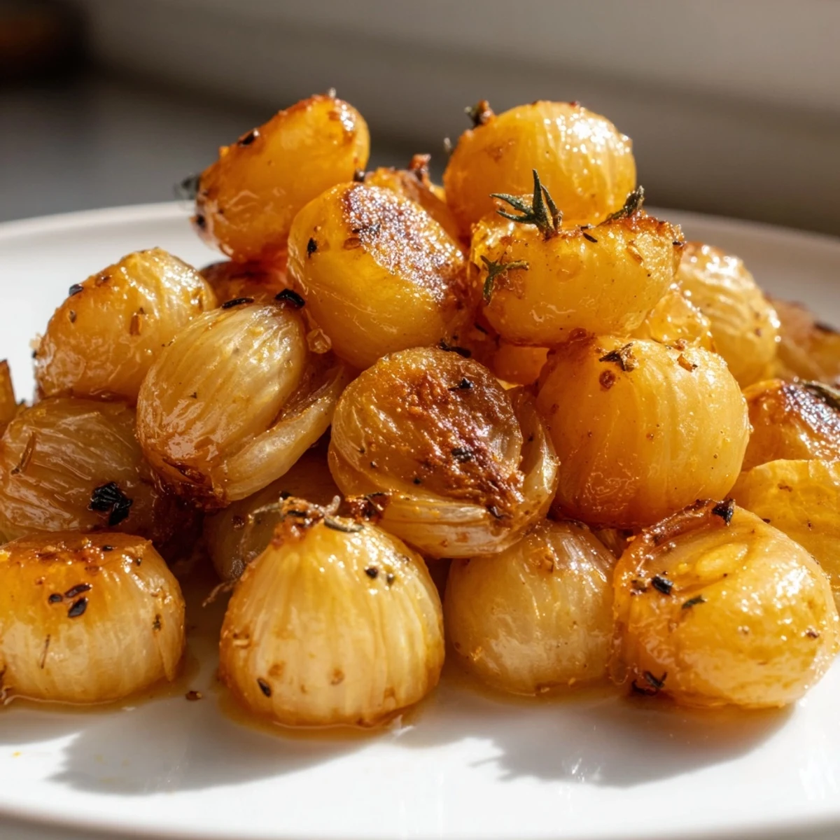 Golden air fried pearl onions served in a rustic bowl with herb garnish
