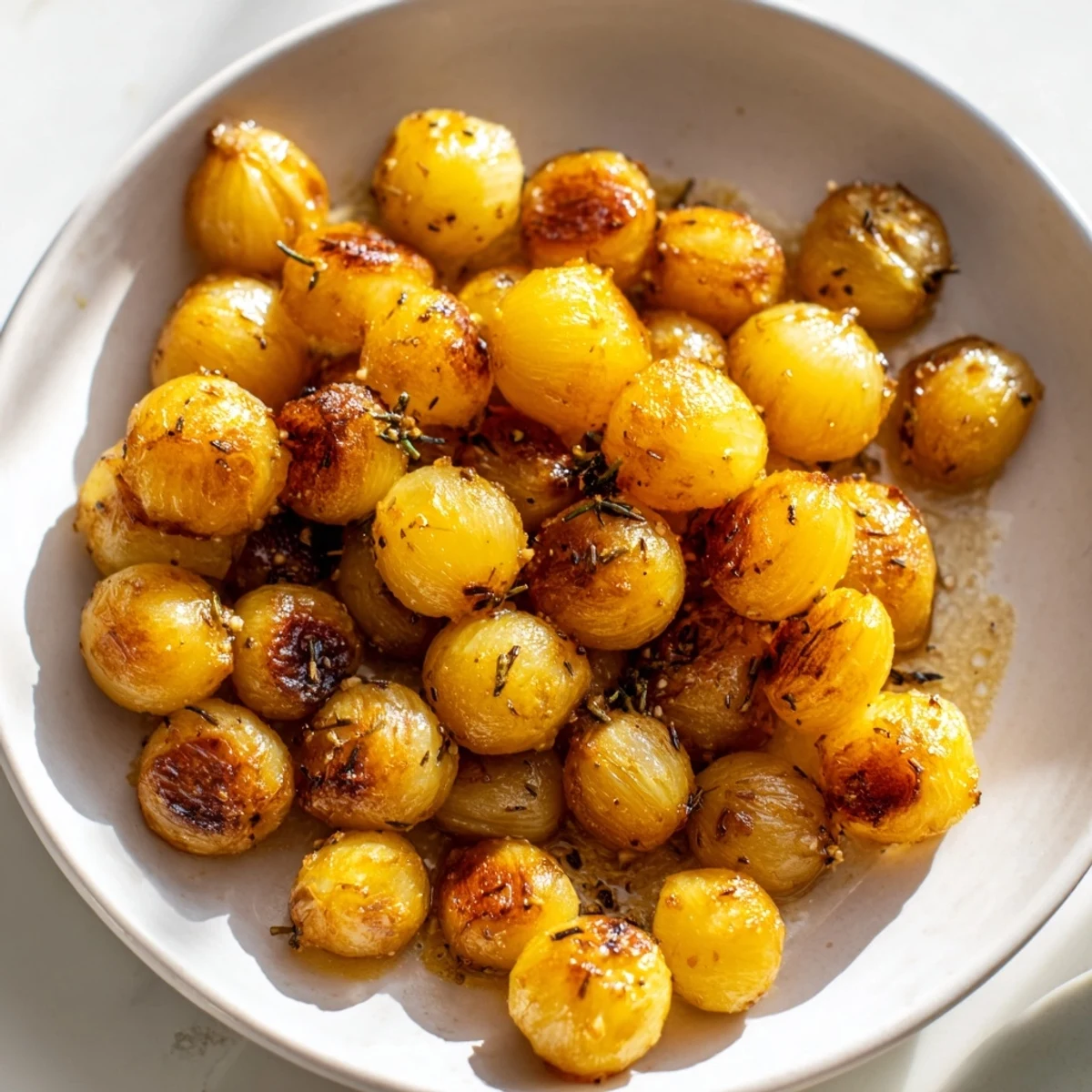 Close-up of caramelized air fried pearl onions drizzled with olive oil and thyme