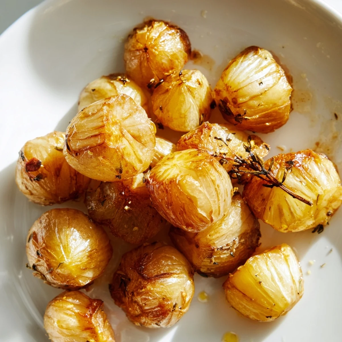 Crispy air fried pearl onions arranged on a plate alongside grilled vegetables
