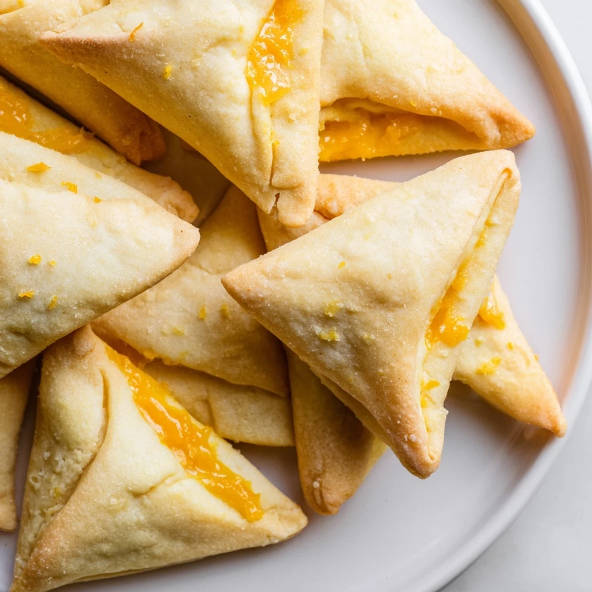 Golden creamsicle hamentaschen with creamy orange filling on a rustic baking sheet.