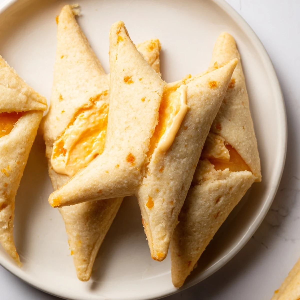Triangle-shaped creamsicle hamentaschen fresh from the oven, edges lightly browned and crisp.