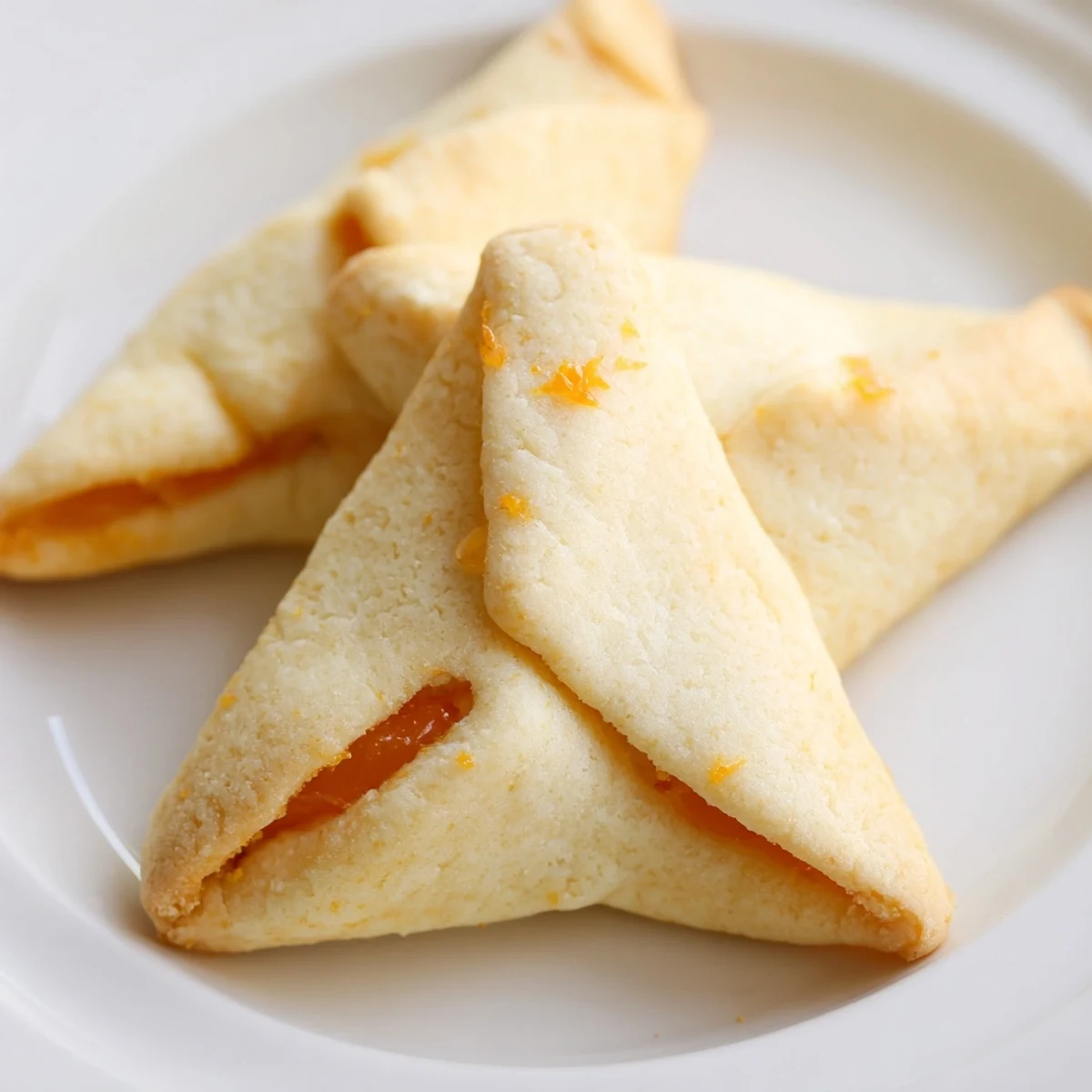 Creamsicle hamentaschen cookies dusted with powdered sugar beside a glass of milk.