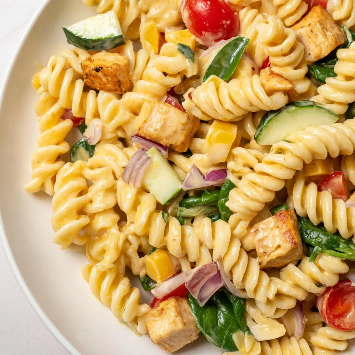 Creamy honey mustard chicken pasta salad in a large white serving bowl