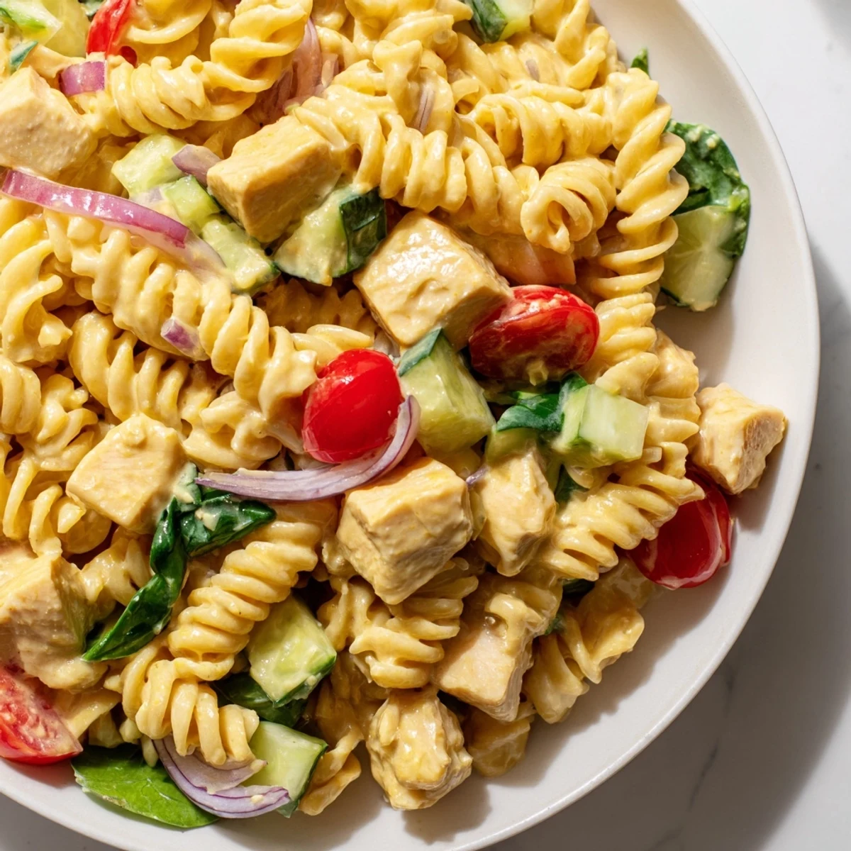 Honey mustard chicken pasta salad topped with bright cherry tomatoes and spinach