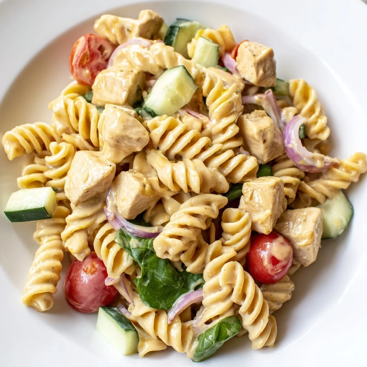 Golden seared chicken pieces nestled in a honey mustard chicken pasta salad