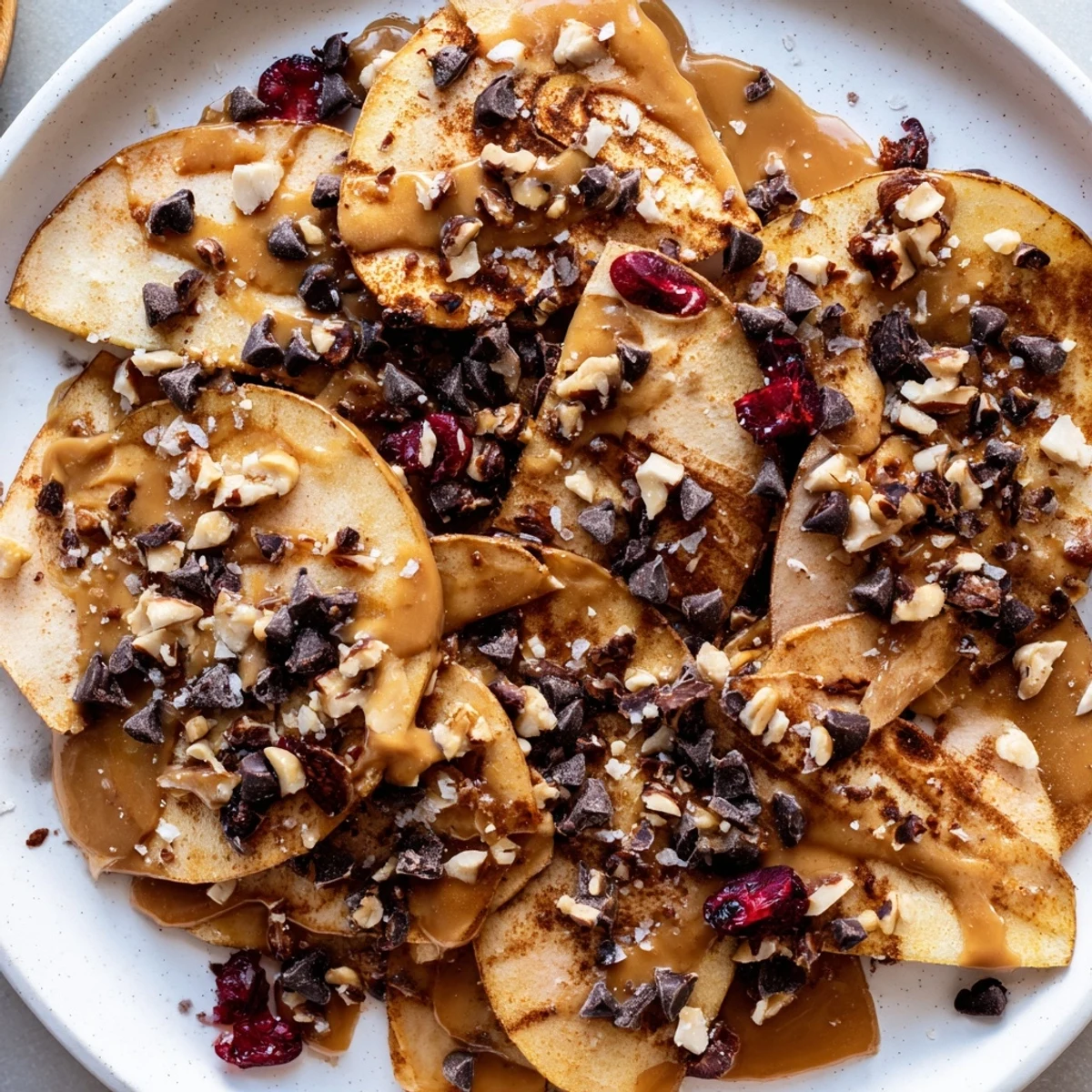 Crispy apple nachos with cinnamon tahini drizzle topped with toasted nuts and coconut