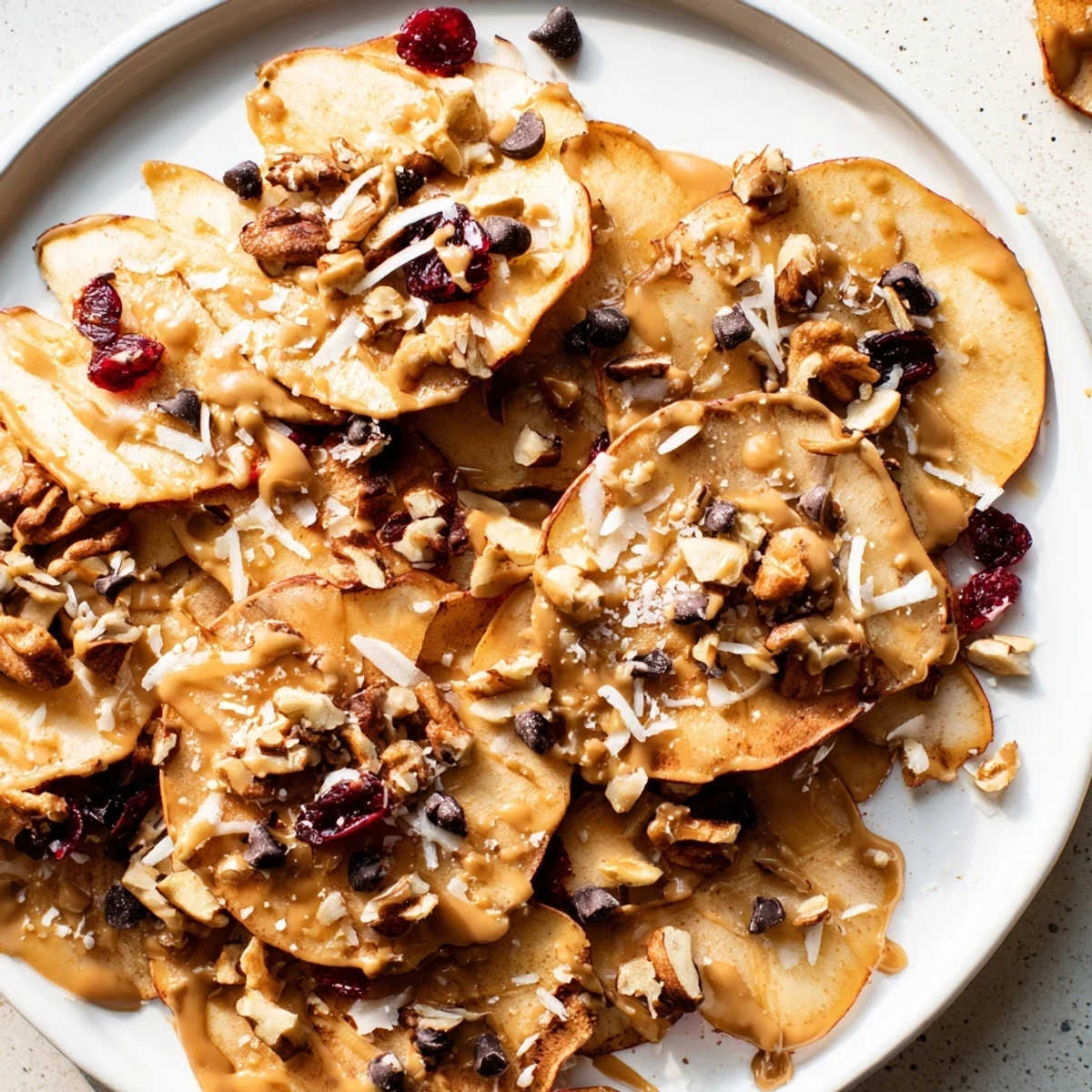 Thinly sliced apples layered with warm cinnamon tahini sauce chocolate chips and dried cranberries