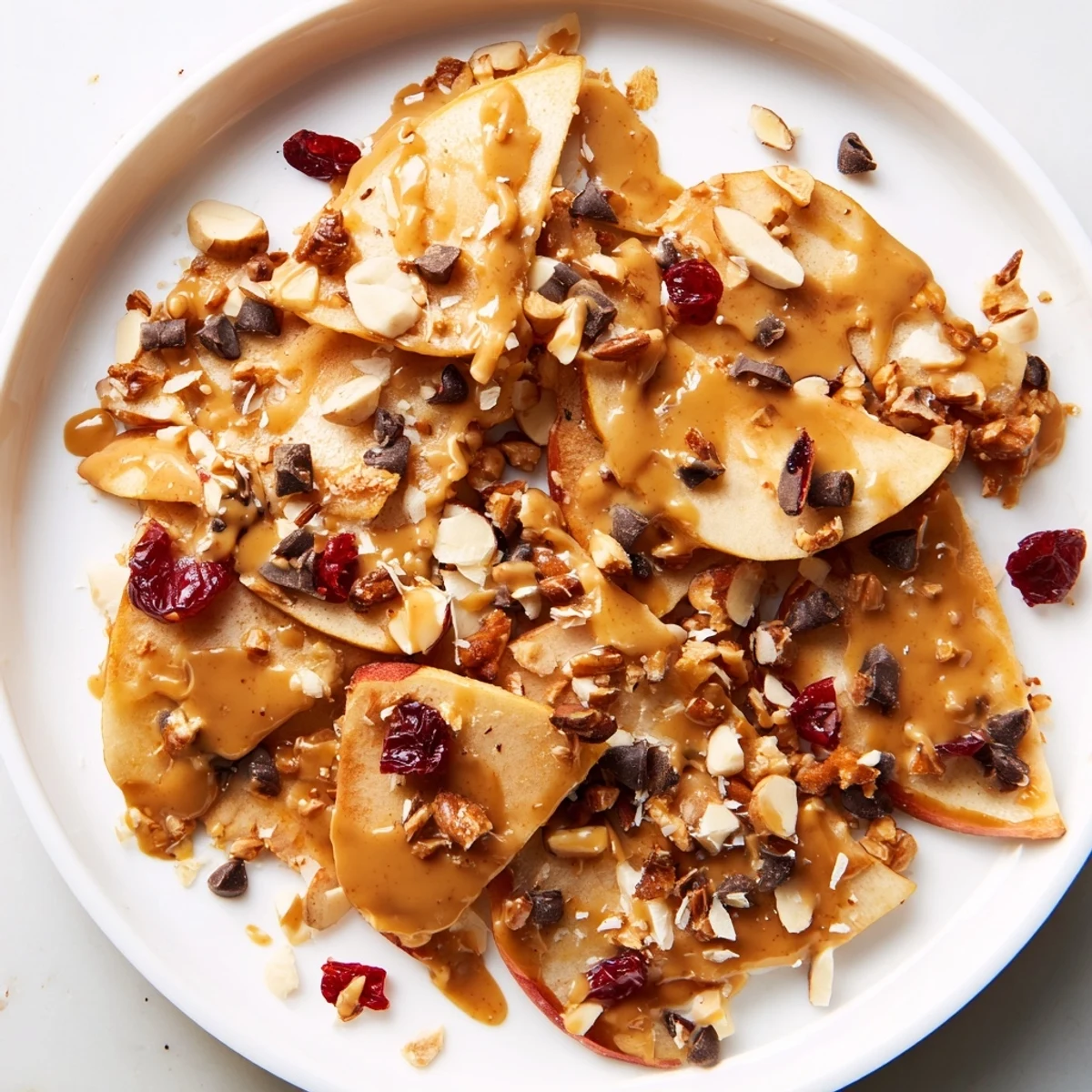 Golden apple slices arranged on a platter featuring cinnamon tahini drizzle and crunchy toppings