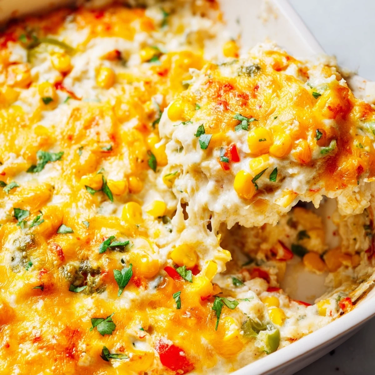 Creamy baked corn jalapeño dip topped with melted cheddar, fresh cilantro, and colorful diced peppers