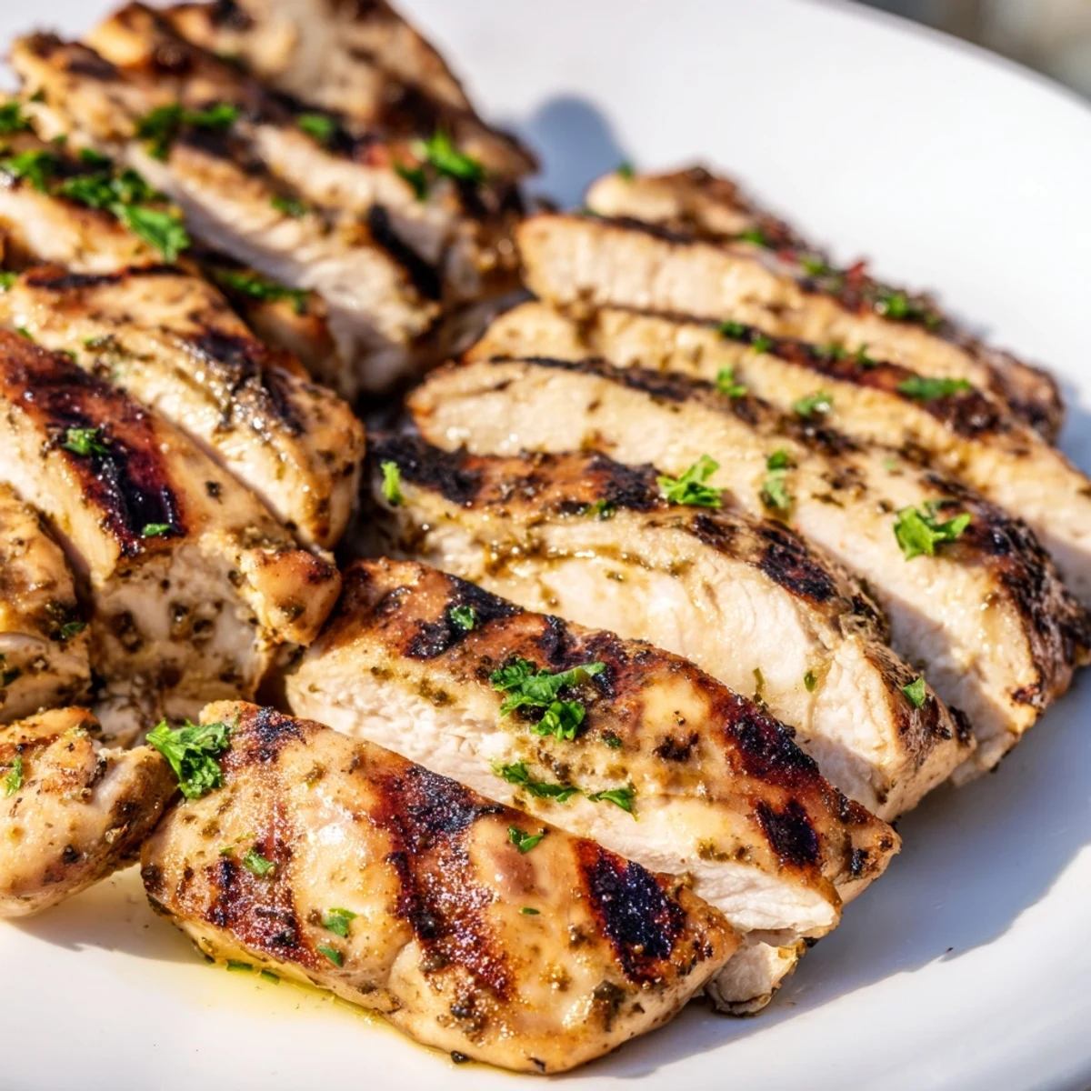 Juicy mayo marinated grilled chicken with golden char marks on a backyard grill