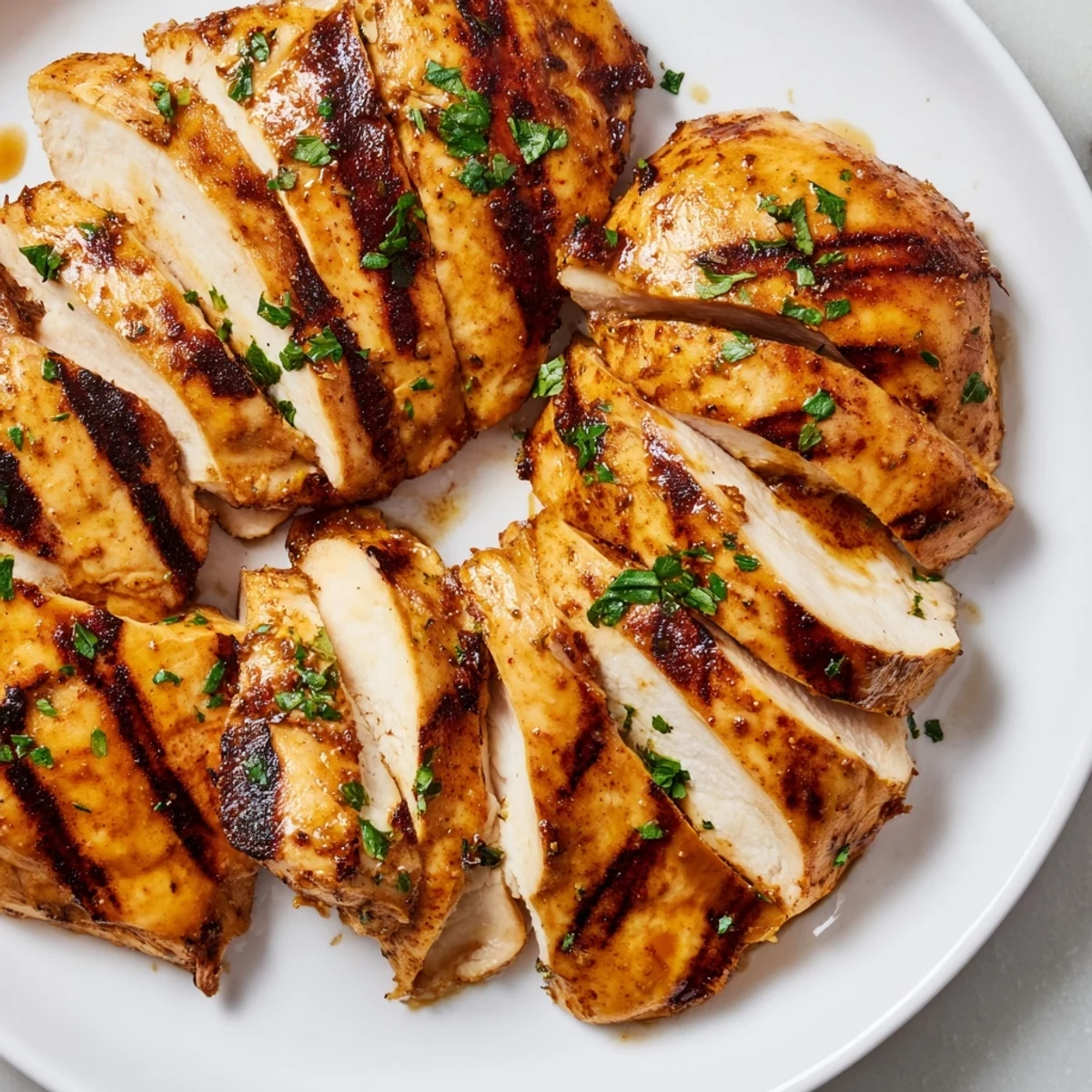 Sliced mayo marinated grilled chicken garnished with fresh parsley on a rustic platter