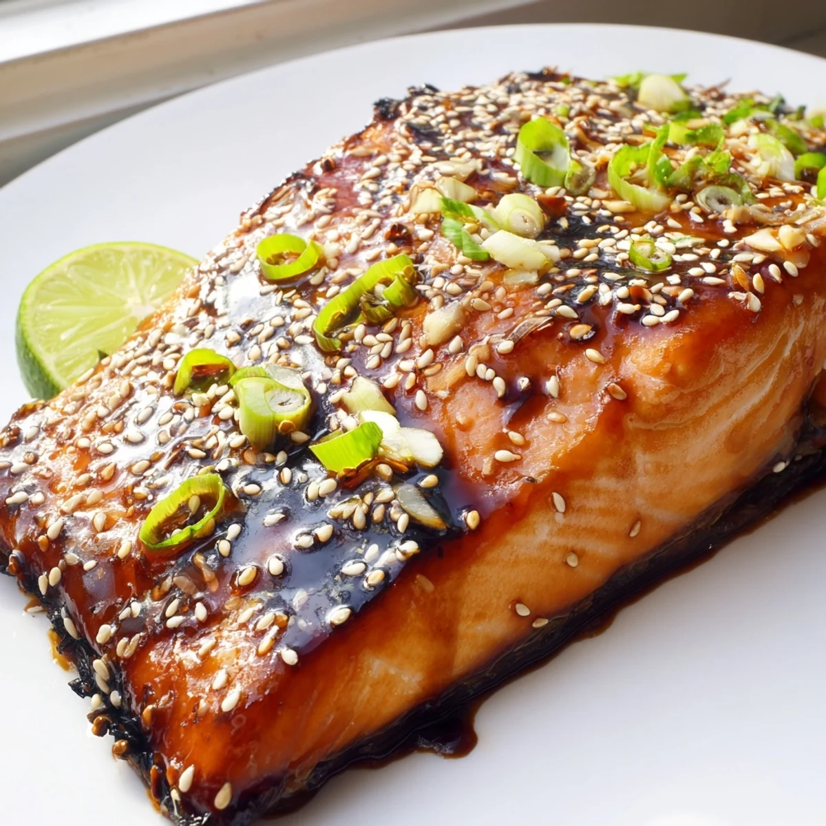 Caramelized Baked Asian Salmon glazed with soy and sesame on a white plate
