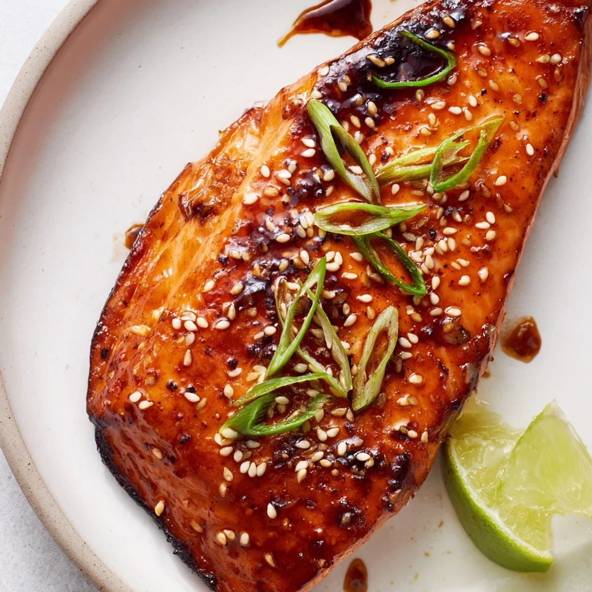 Golden Baked Asian Salmon topped with scallions and sesame seeds steaming hot
