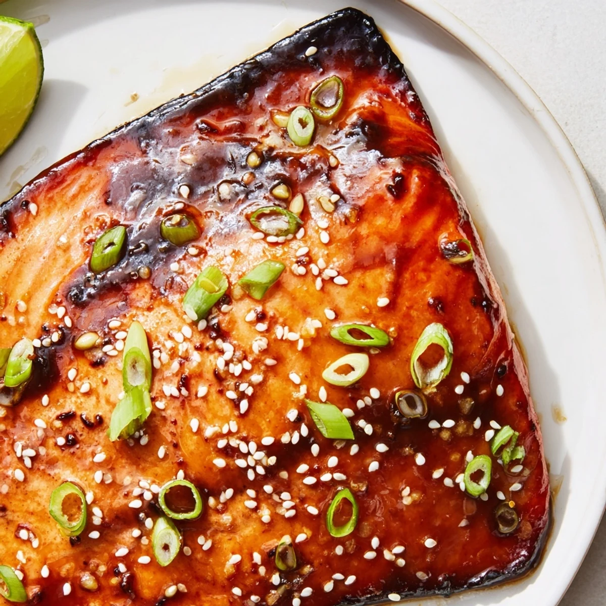Juicy Baked Asian Salmon fillet drizzled with sticky ginger soy glaze served with lime