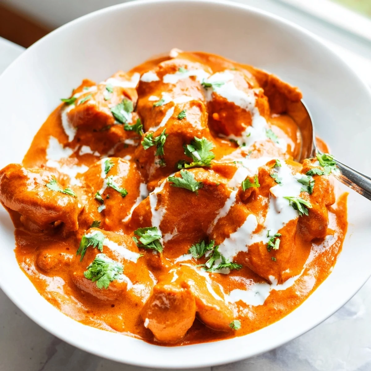 Crockpot Butter Chicken in a velvety golden tomato cream sauce with fragrant spices