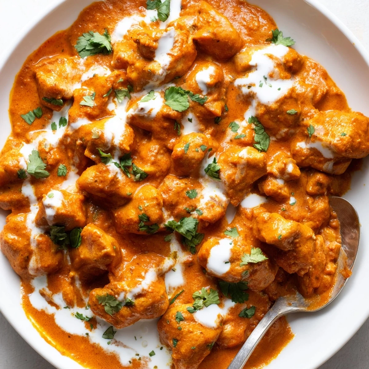 Tender Crockpot Butter Chicken simmering in a rich, buttery tomato sauce with cilantro