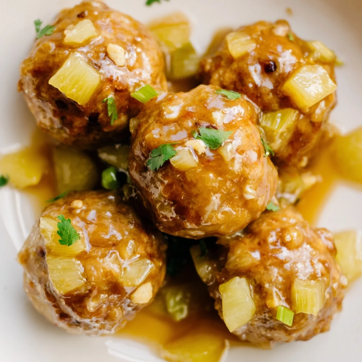Golden sweet pineapple chicken meatballs glistening in tangy sauce on a white plate