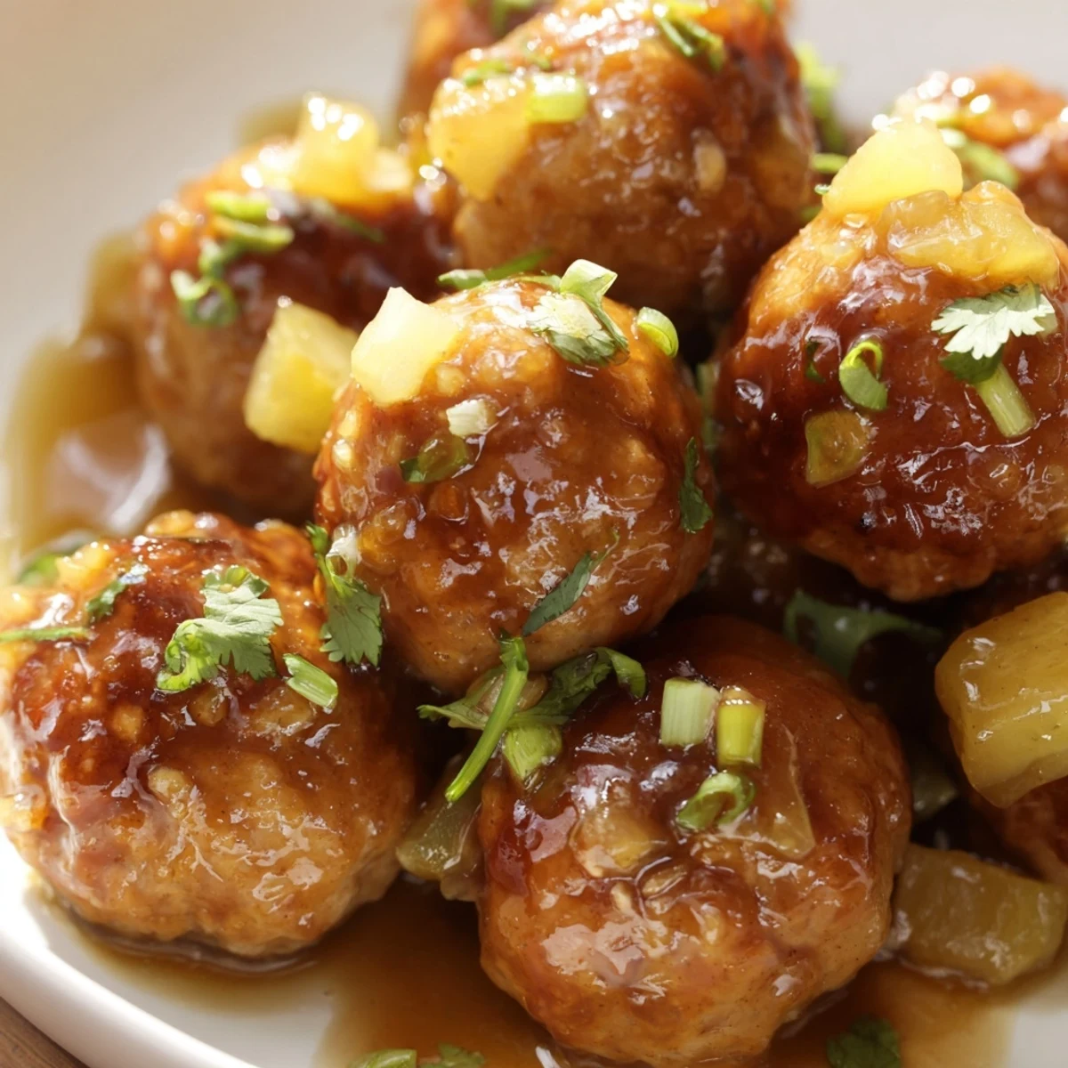 Tender sweet pineapple chicken meatballs garnished with fresh cilantro in a cast iron skillet
