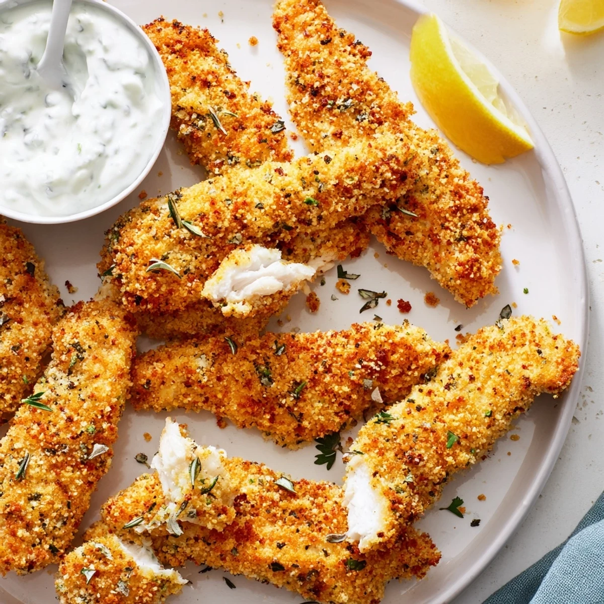 Crispy Greek chicken strips golden and steaming on a rustic white plate