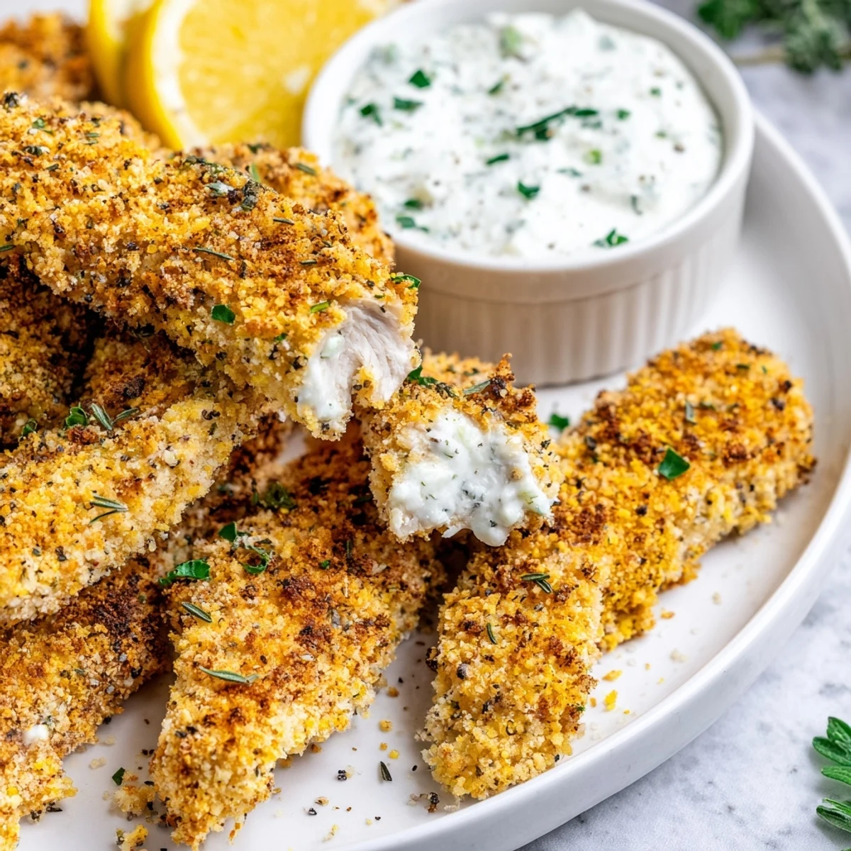 Perfectly golden crispy Greek chicken strips served alongside fresh pita and salad