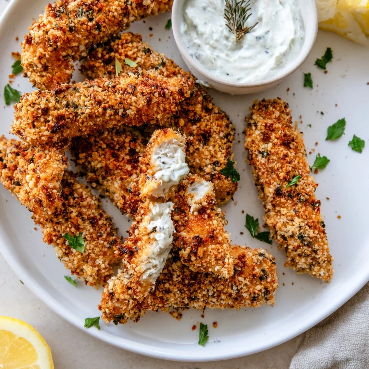 Mediterranean herb marinated crispy Greek chicken strips with tzatziki dipping sauce close-up