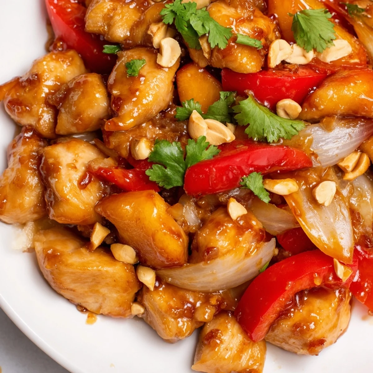 Golden Thai Peach Chicken in glossy sweet and tangy sauce over jasmine rice