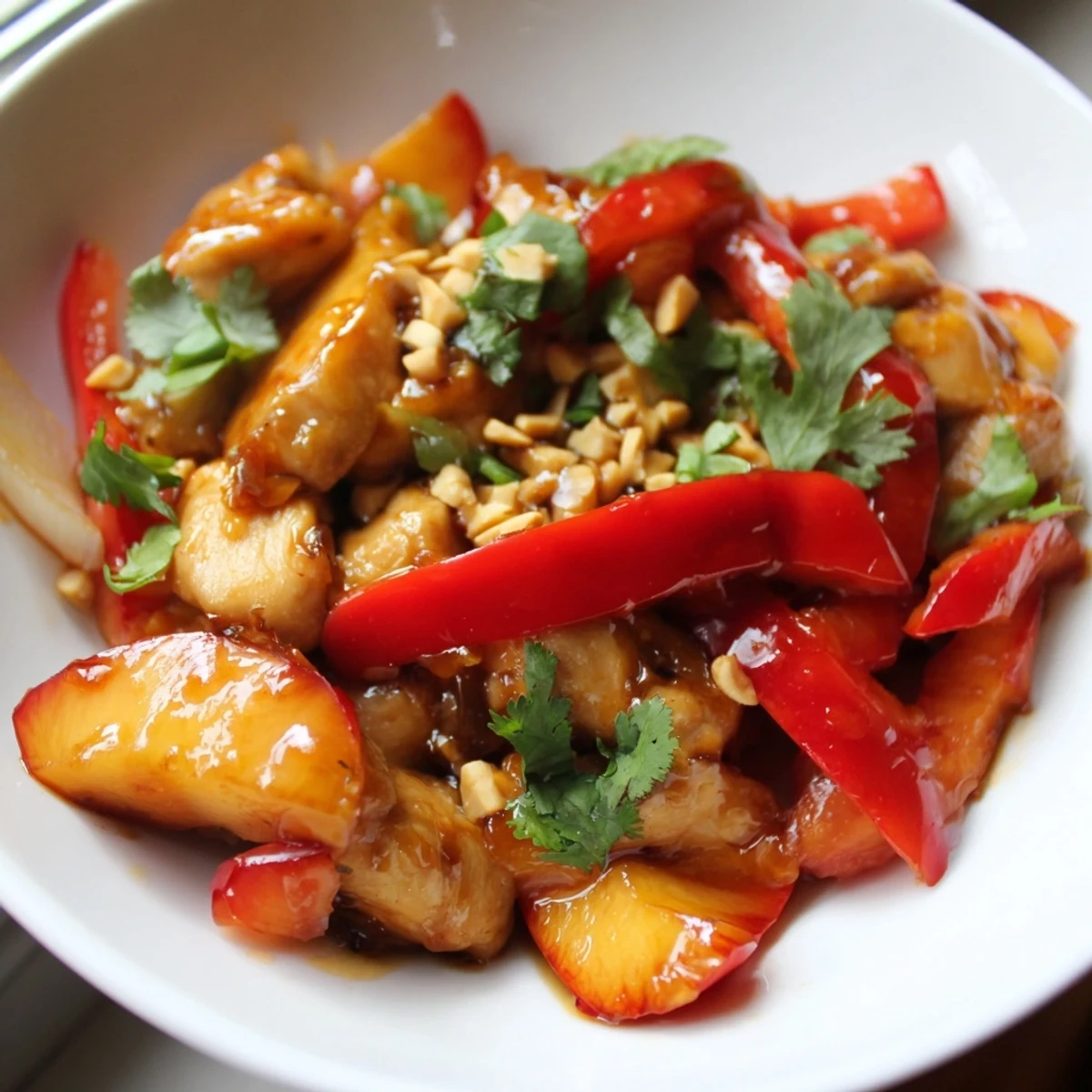 Vibrant Thai Peach Chicken with red bell peppers and cilantro in sweet chili glaze