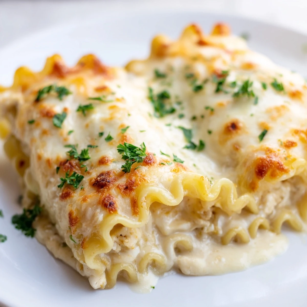 Golden garlic Parmesan chicken lasagna roll ups smothered in creamy melted cheese