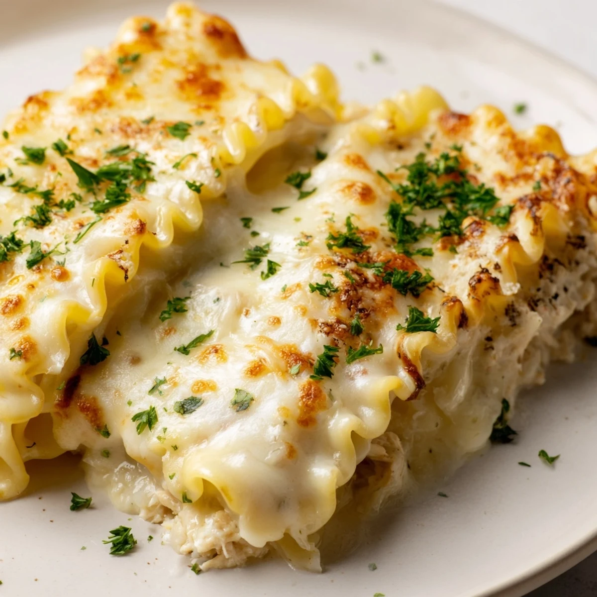 Garlic Parmesan chicken lasagna roll ups with bubbling béchamel in a baking dish