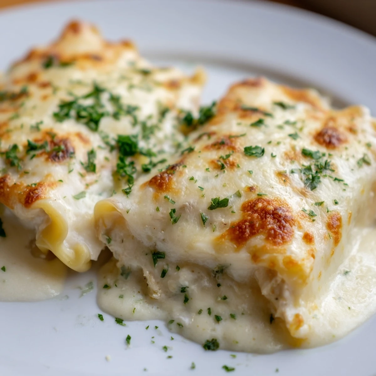 Tender garlic Parmesan chicken lasagna roll ups garnished with parsley and extra cheese
