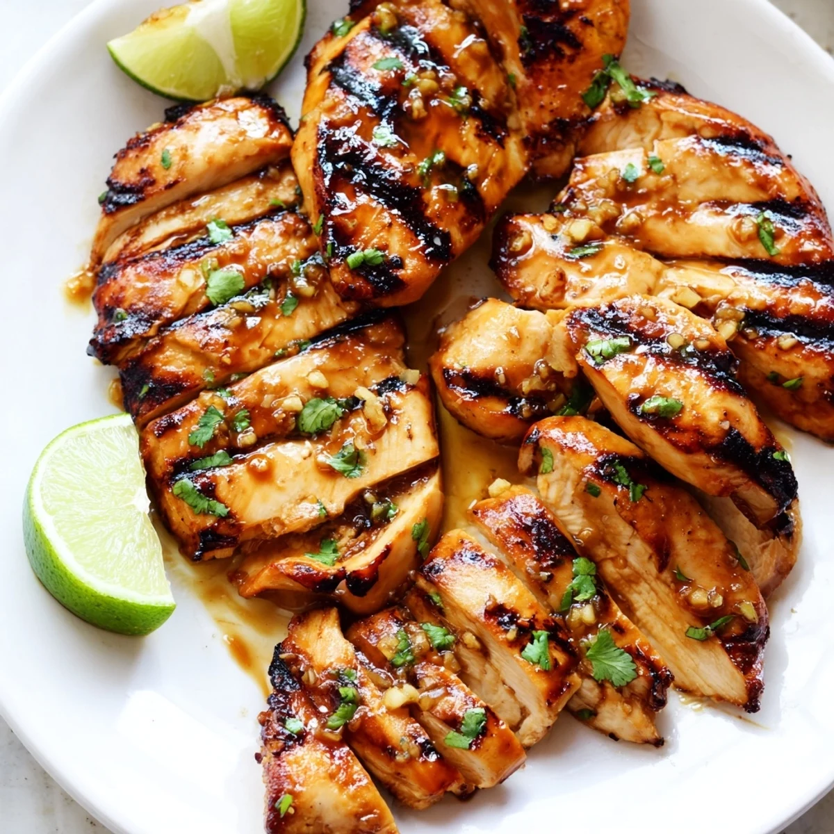 Golden honey lime chicken with grill marks on a white plate with lime wedges
