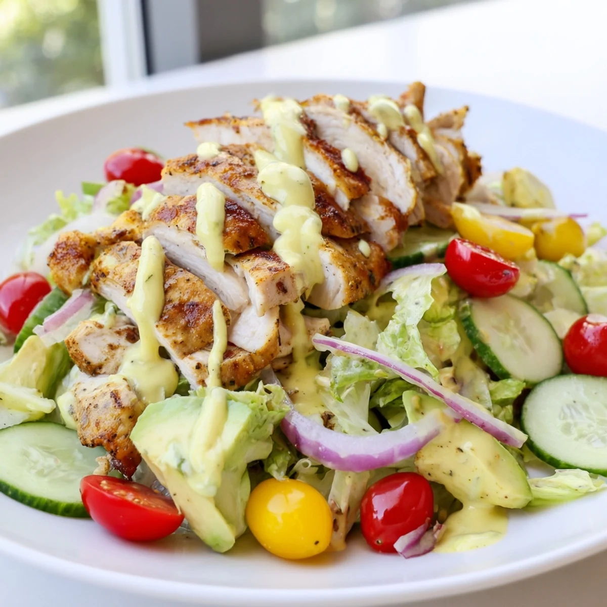 Creamy honey mustard chicken salad topped with sliced avocado and ripe cherry tomatoes